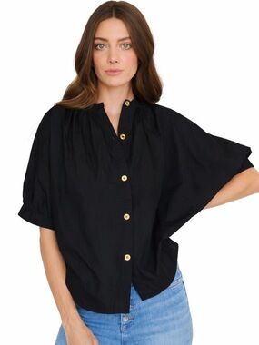 NWT Never A Wallflower Black Short Sleeve Button Front Blouse XL